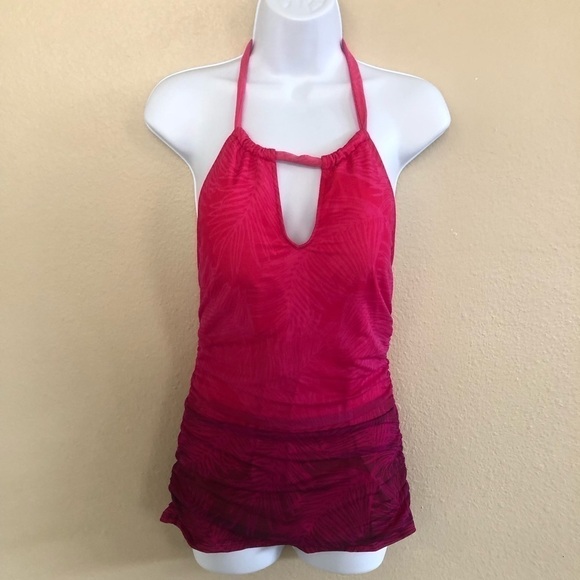 LAUREN Ralph Lauren Ombre Palm High Neck Ruched Halter Slimming Tankini Size 12 - Picture 1 of 16